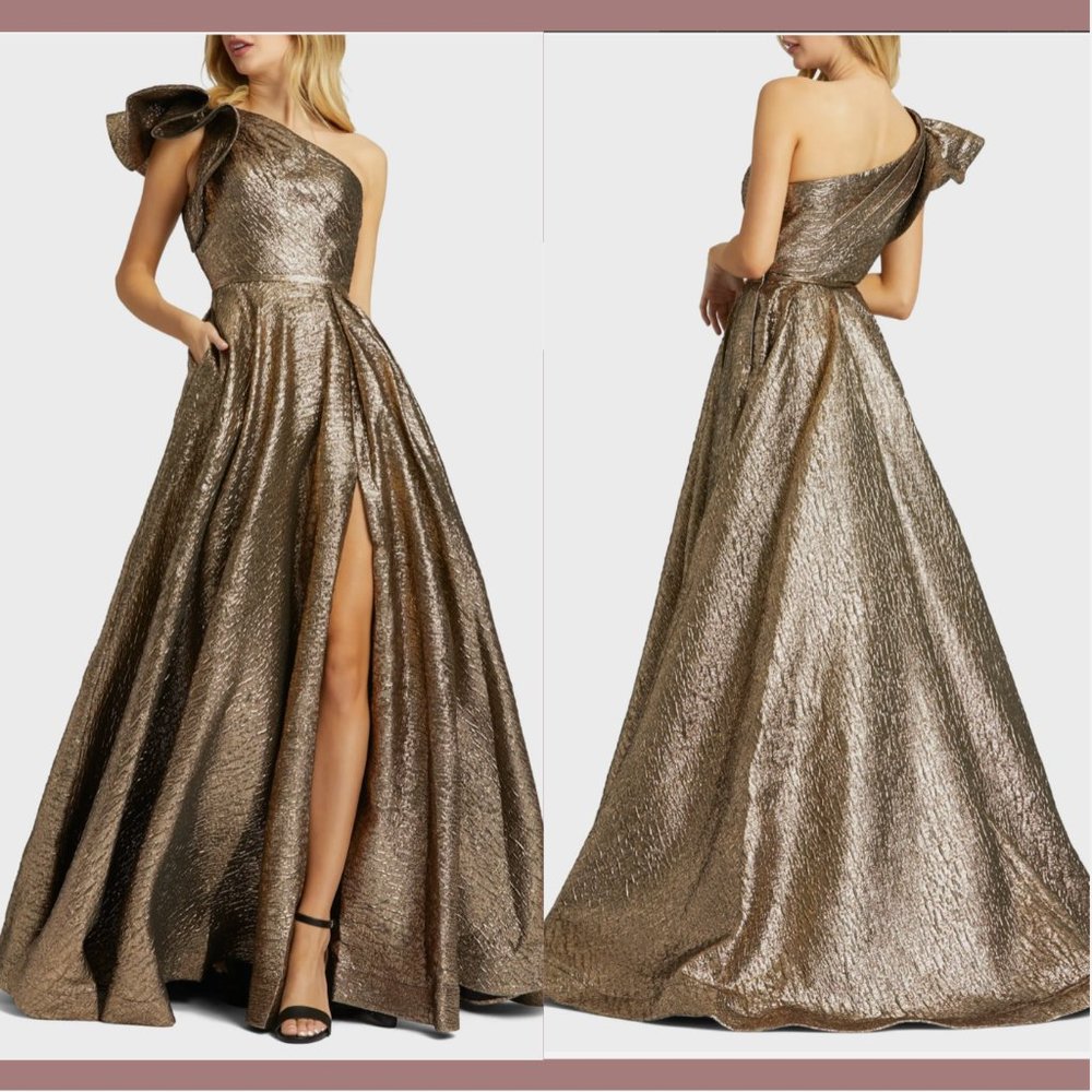 NWT $598 MAC DUGGAL [ 0 ] Crinkle One Shoulder Ball Gown‎ Antique Bronze